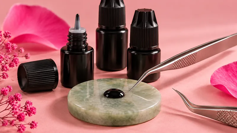 Pot d'adhesiu negre al costat d'una gota sobre pedra de jade, pinces i safata d'extensions de pestanyes