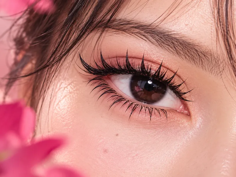 Close-up of an eye with eyelash extensions in defined spikes, anime effect on a light background